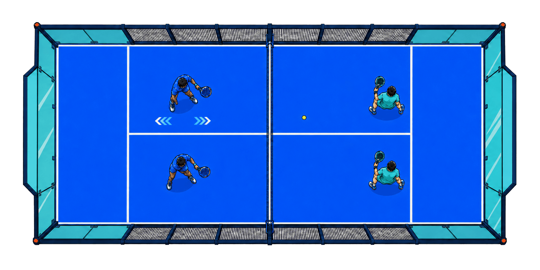 Schema orientativo di due coppie sui lati opposti di un campo da padel